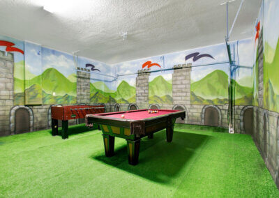 Wizarding arena (family game room) with pool and foosball tables and surrounding castle wallpaper